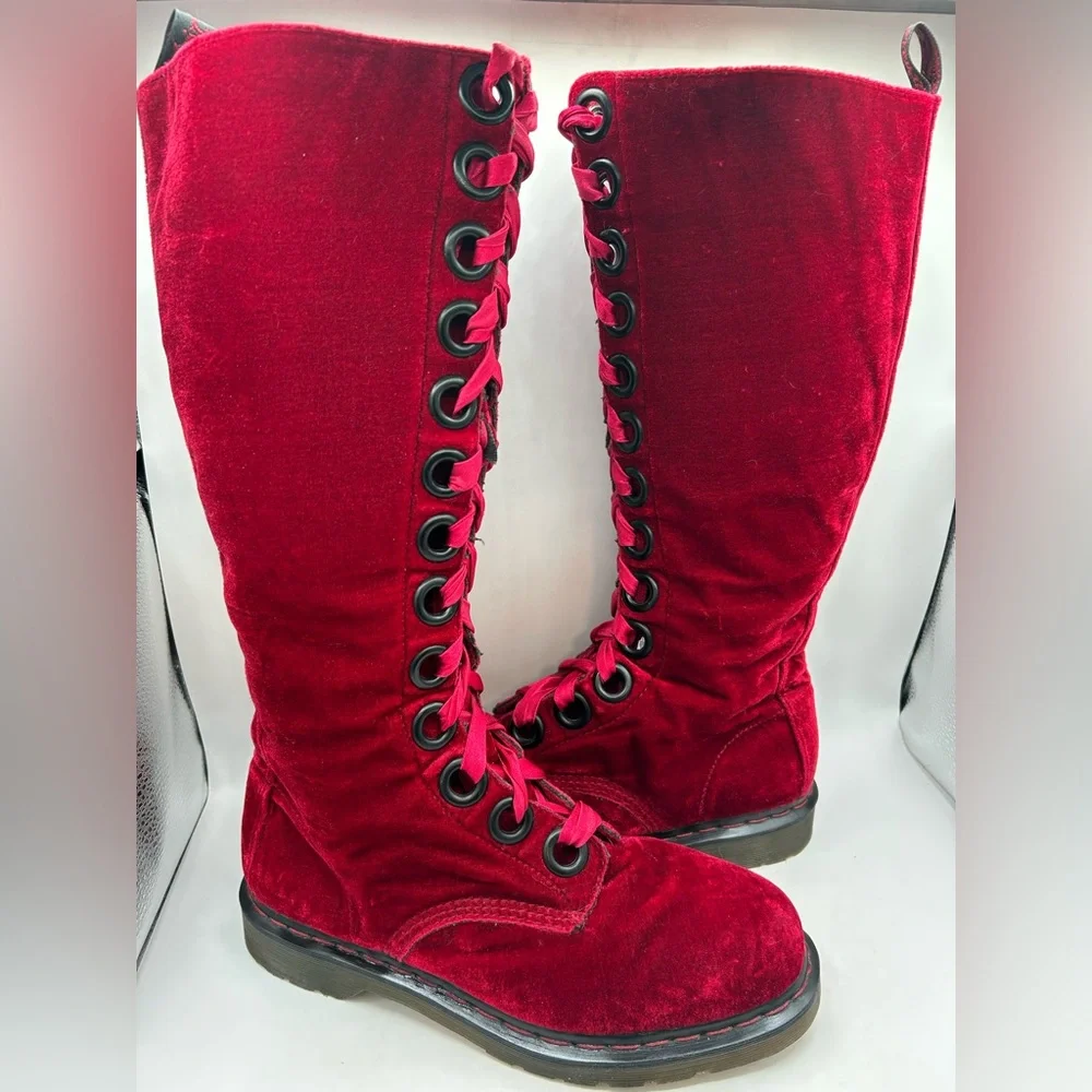 RARE Dr Martens red velvet  20 eye tall knee high zip Combat boots Men10 Women11 - Picture 5 of 16